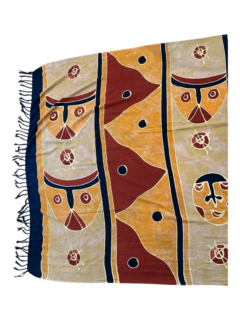 VTG AFRICAN BATIK MASK MOTIF COTTON SHAWL WALL HANGING HAND DYED CLOTH 44X60